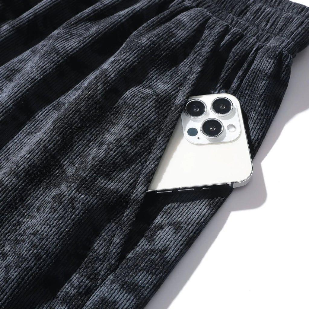 Men's corduroy camouflage pattern athletic shorts in a straight-leg style with a high waist.