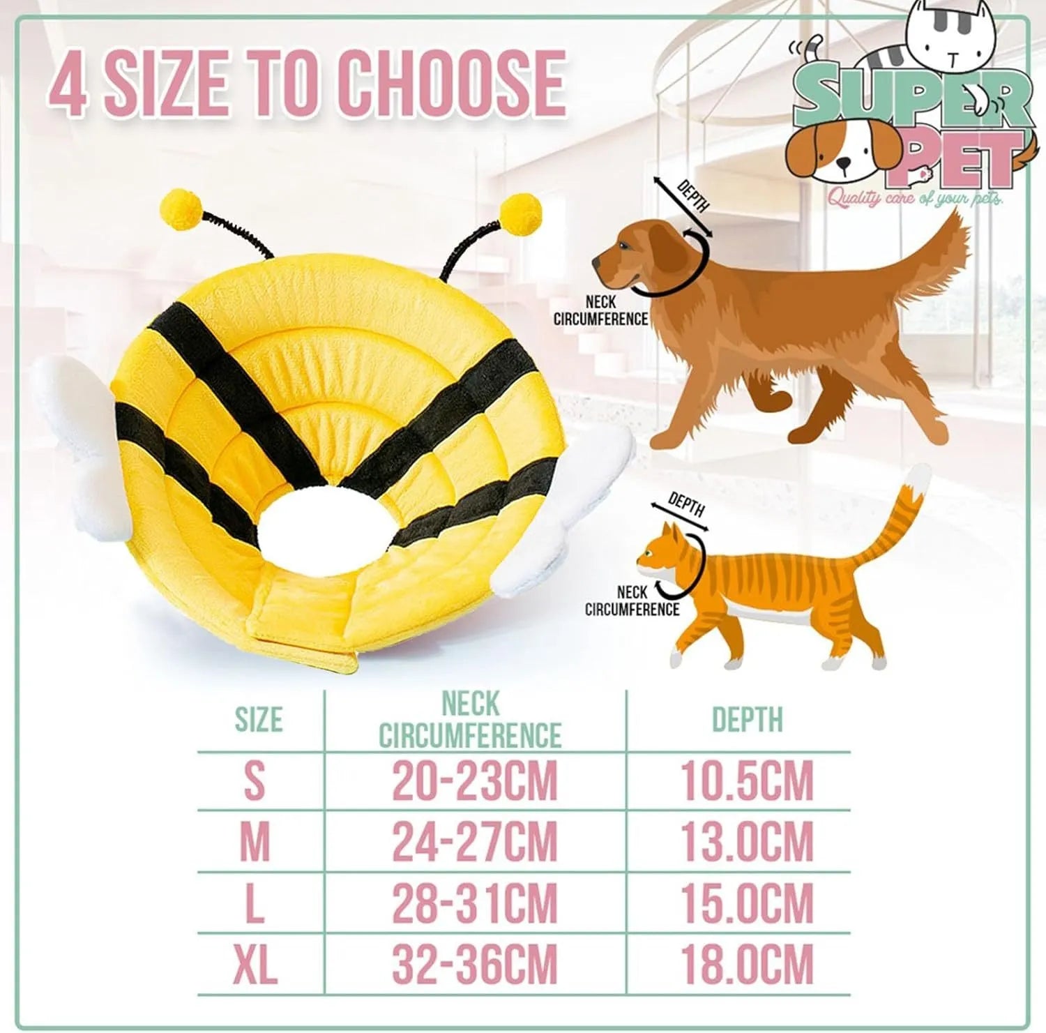 Soft cat cone collar with bee design showing Velcro closure and wide protective shape