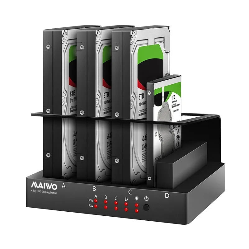 Four-bay external hard drive enclosure with 2.5-inch brackets, cables, and power adapter