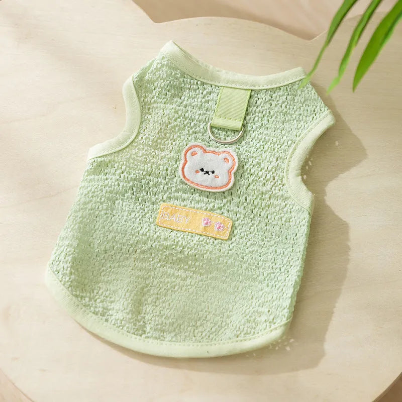 Colourful hollowed-out knitted cat clothing with a cartoon bear patch on the back