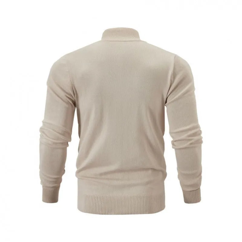 Casual stand collar zip-up sweater in a solid colour, shown on a model with a loose fit.