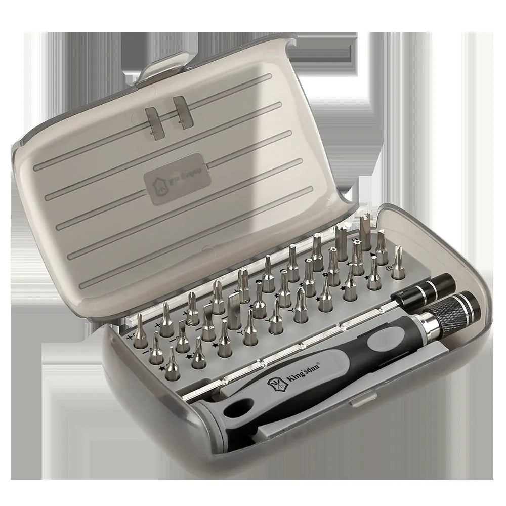 32-in-1 screwdriver set with bits organised in a compact neutral-coloured plastic case