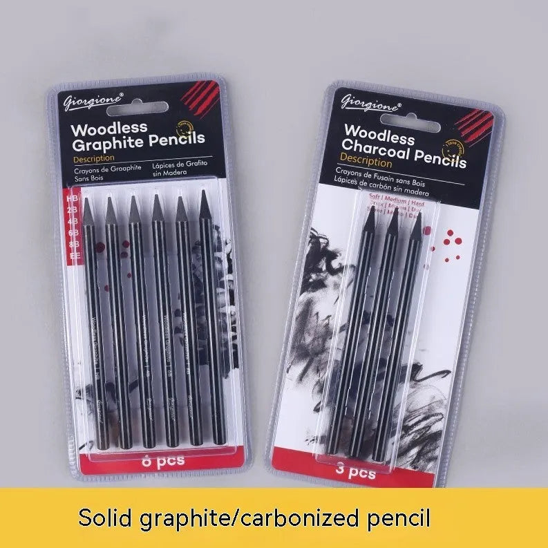 Set of six graphite pencils and three carbonized pencils packaged on a white suction card.