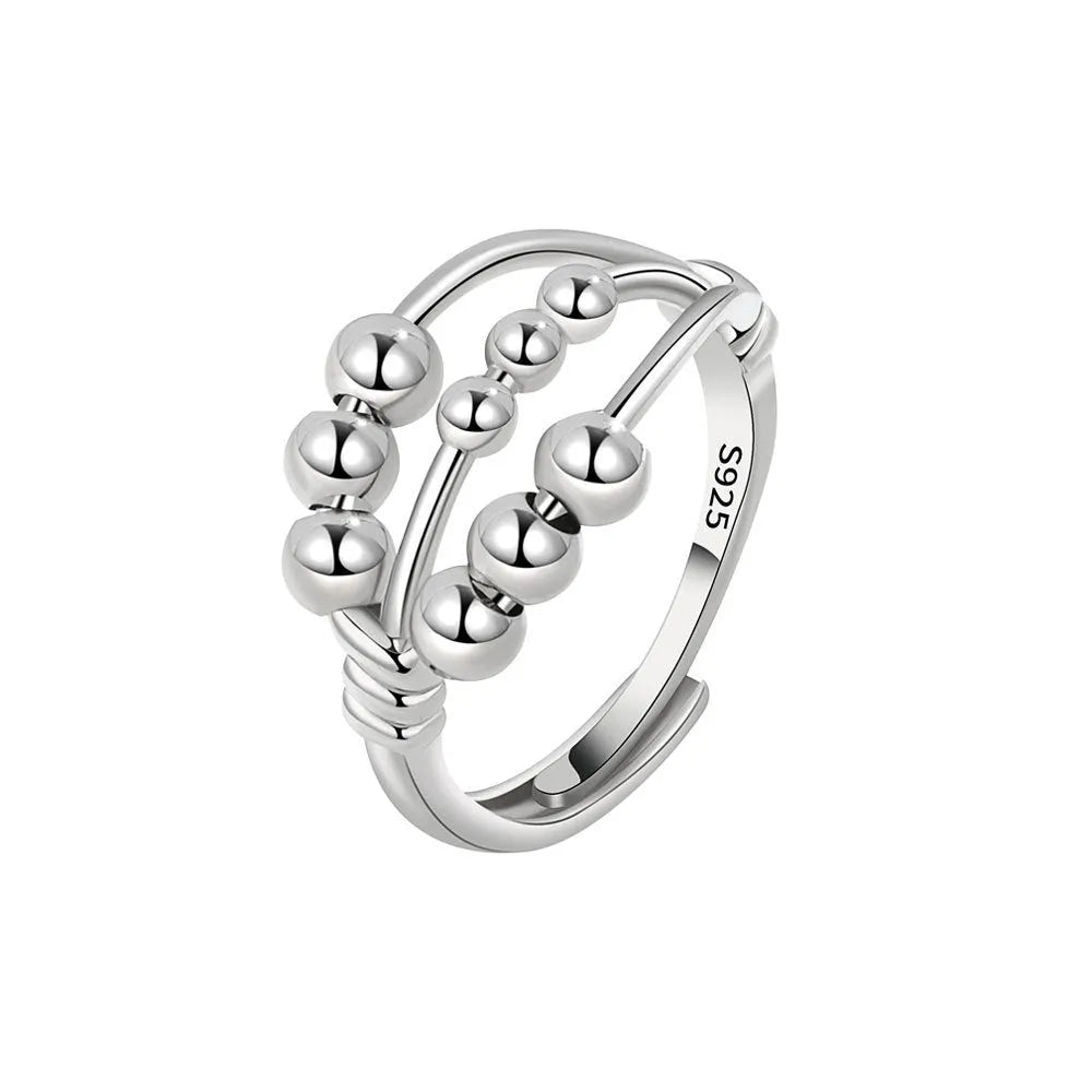 Open adjustable copper ring with three-layer beaded texture and white gold electroplated finish for women