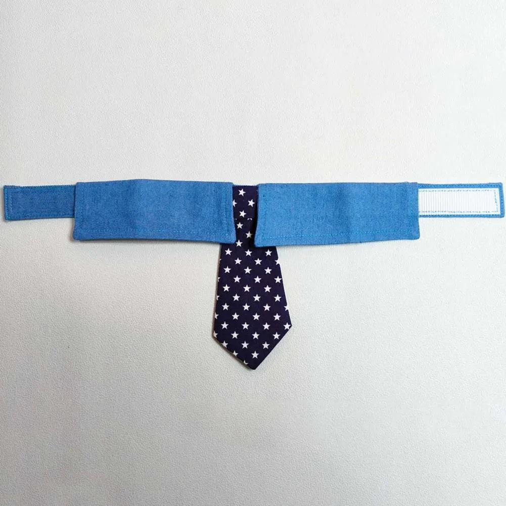 Denim dog collar with star pattern in bow and tie styles showing adjustable fastener tape