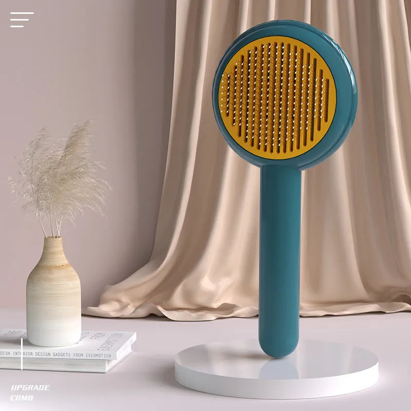 Pet hair cleaning comb brush with stainless steel needle head and ABS body, 198 x 87 x 46 mm, yellow green blue