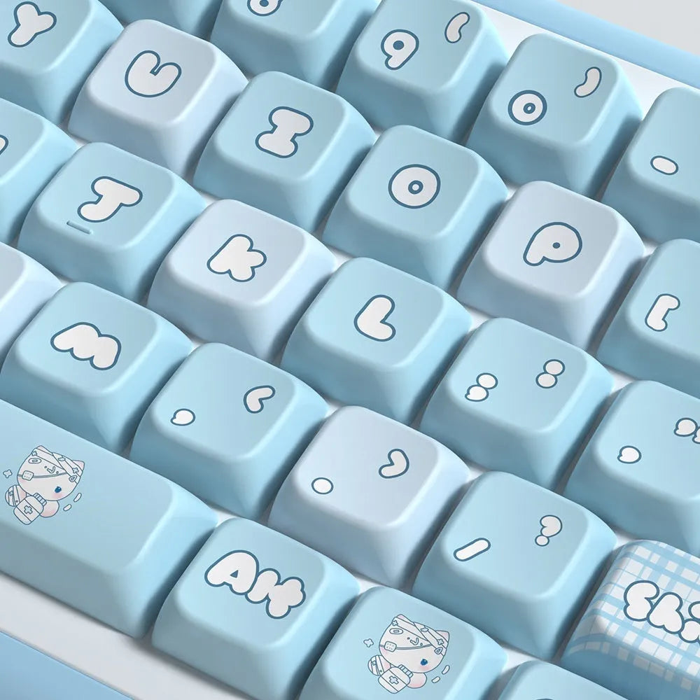 Watercolour kitten design custom keycap set for mechanical keyboards, showing PBT material and sublimation print.