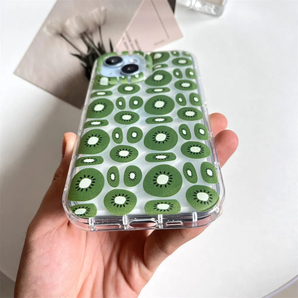 Transparent sliced kiwi fruit phone case for iPhone 11 to 16 series, TPU all-inclusive cover.