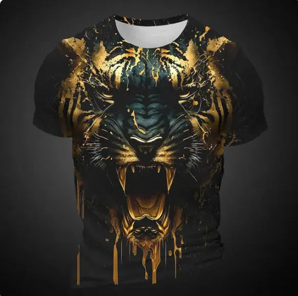 Men's 3D tiger pattern short sleeve t-shirt in polyester bird eye cloth fabric