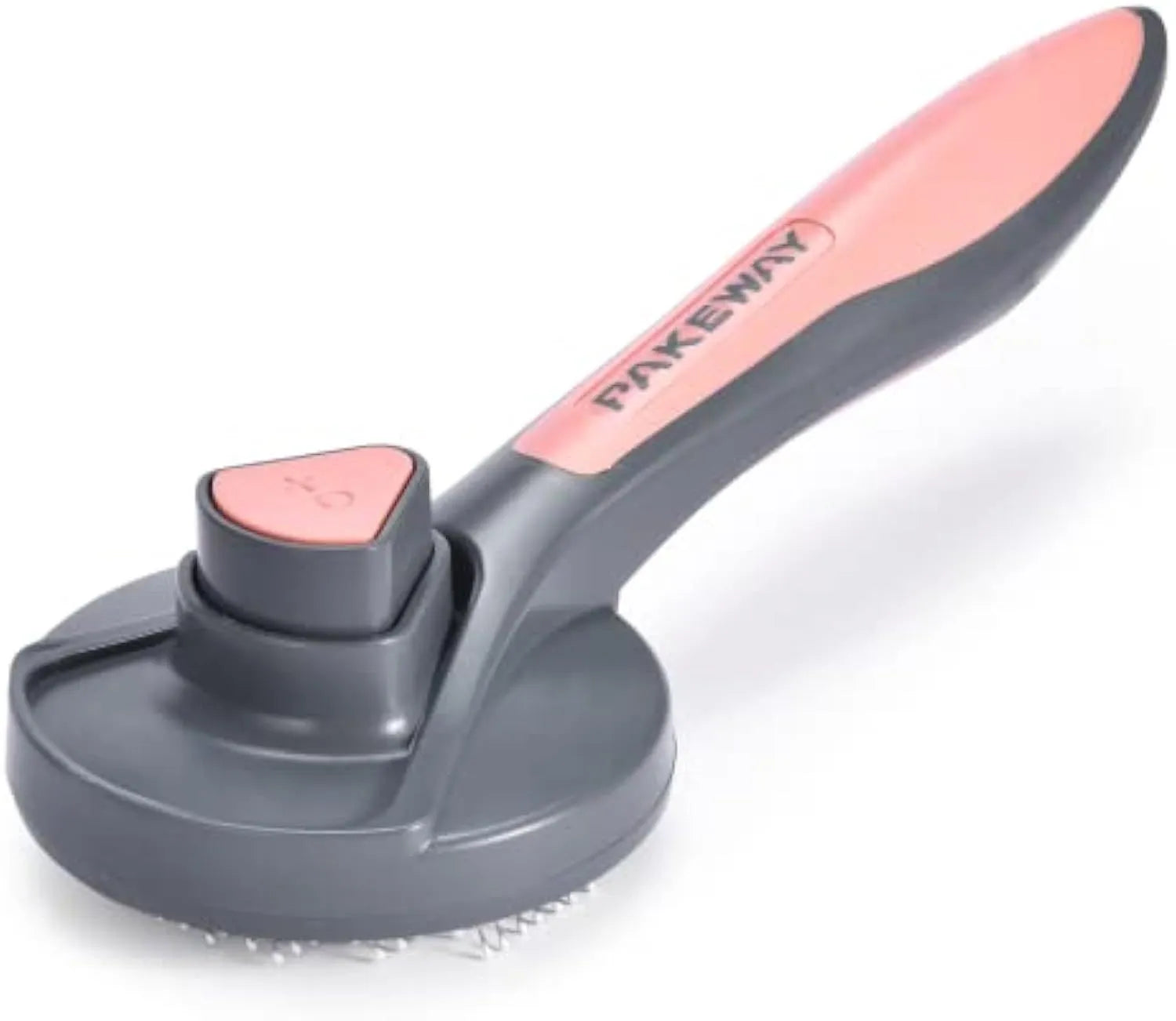 Grey self-cleaning slicker brush for grooming cats and dogs, showing the one-click cleaning button and soft-tipped bristles.