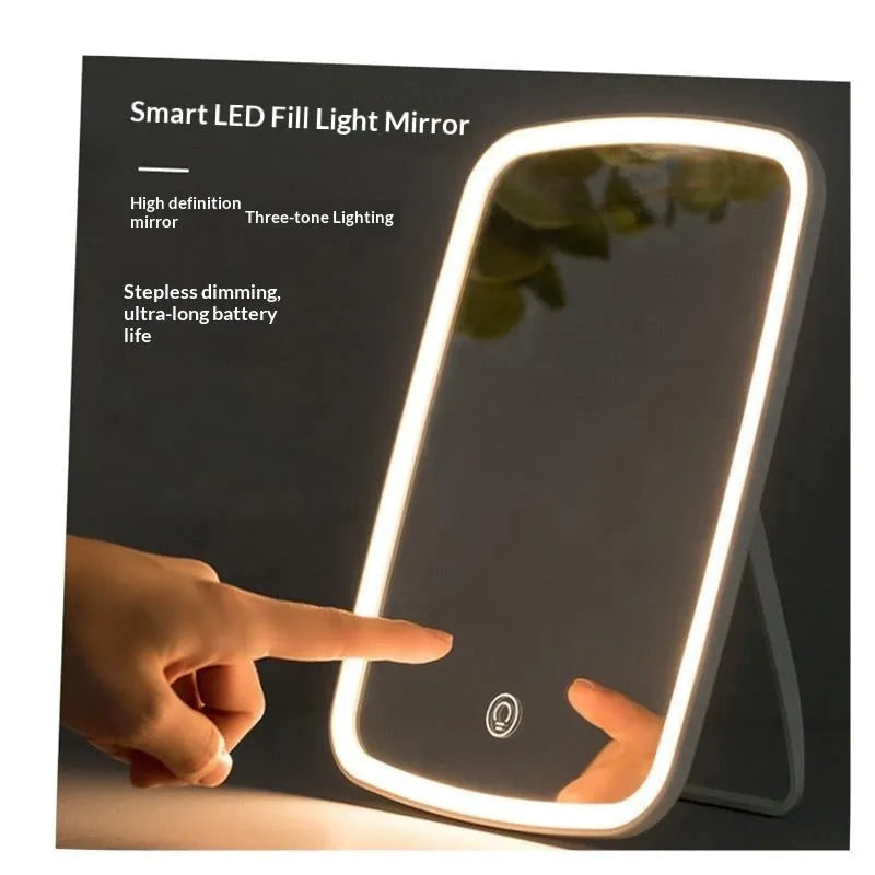 Simple desktop home LED makeup mirror with USB charging and ABS frame on a tabletop