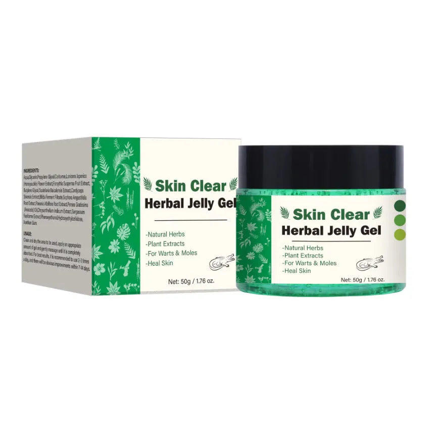 Clear transparent herbal gel in 50g container for body care topical application