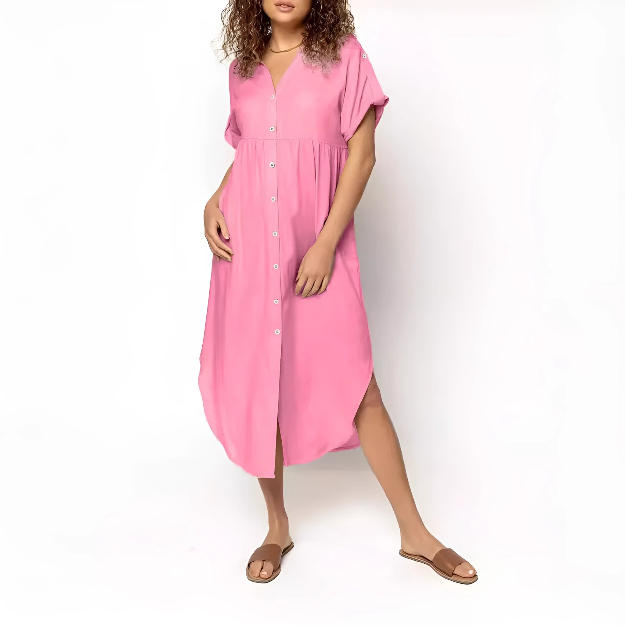 Casual button-front mid-length dress in loose fit available in multiple solid colours