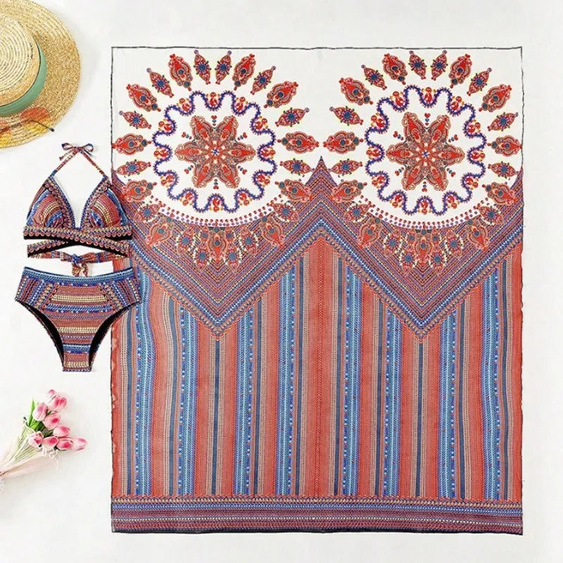 Women's three-piece swimsuit set showing high-waist briefs, sleeveless cutout blouse, and matching coat.