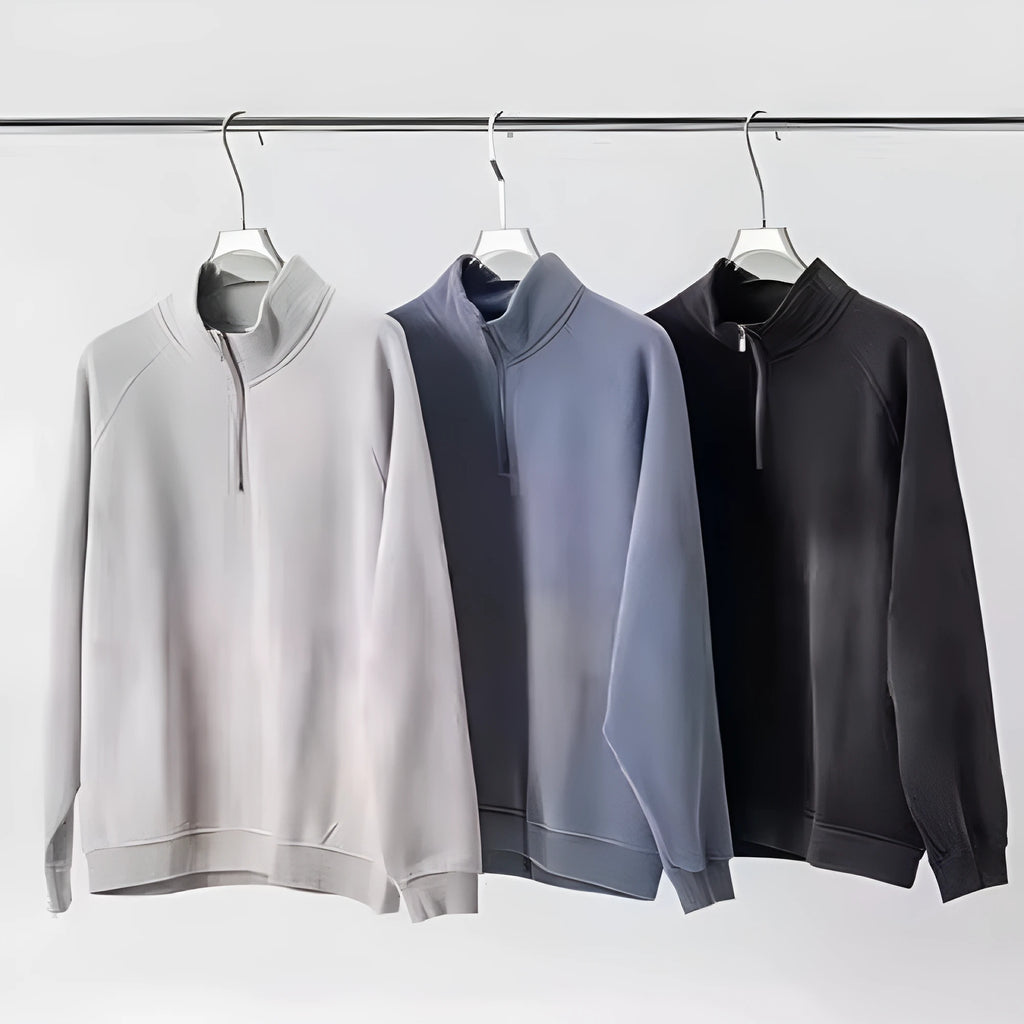 Men's half zipped stand collar pullover sweater in solid colour with side pockets, polyester fibre, leisure wear