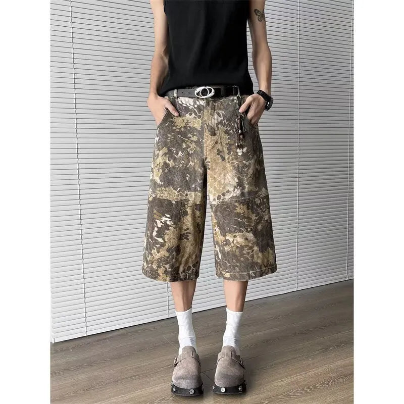 Yellow snake pattern camouflage jeans with cropped leg length on cotton denim