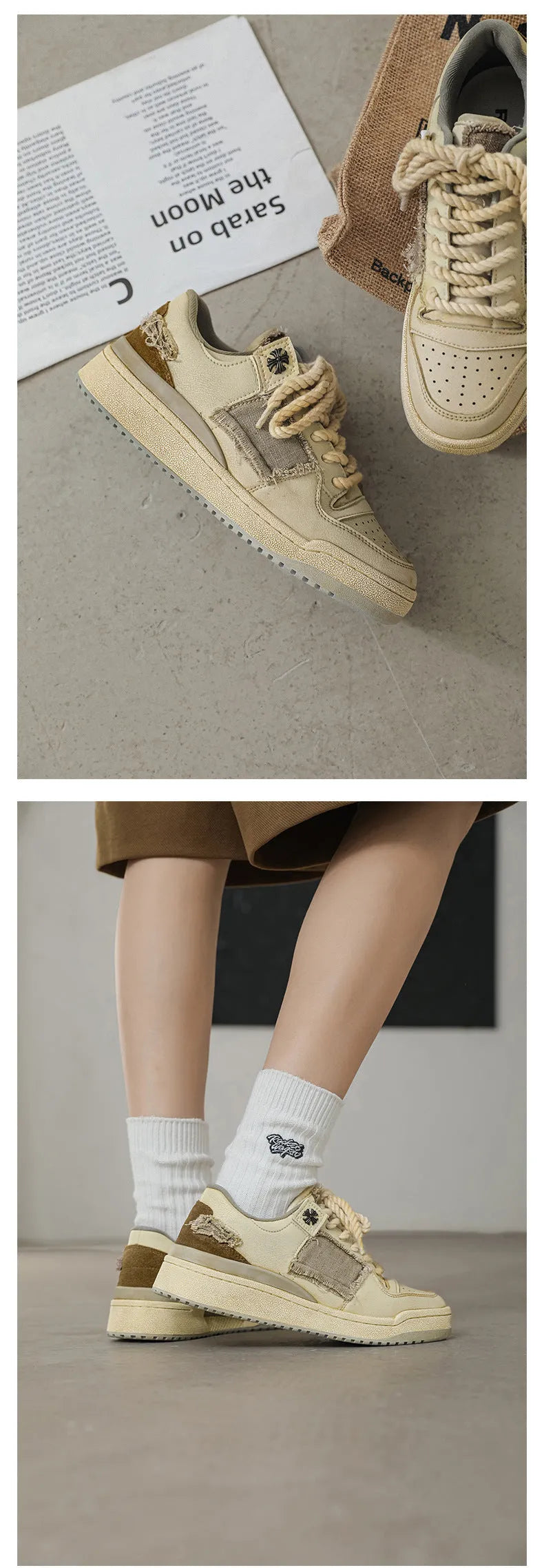 Beige low-top skateboard shoes with vintage patch detail and round toe on a rubber sole.