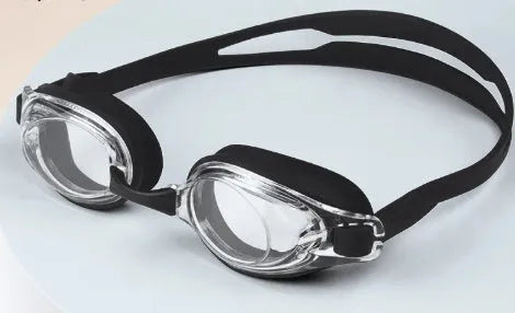 Myopia swimming goggles with HD waterproof non-fogging lenses in a case, available in multiple colours.