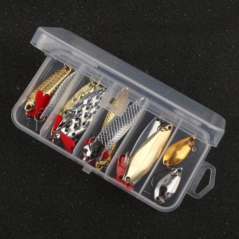 Box of gold and silver metal sequins for fishing lure repair and customisation.