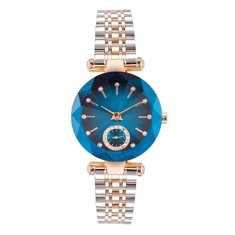 Women's rose gold quartz watch with 32mm round dial, steel strap, and 30M water resistance