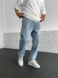 Blue men's straight-leg denim jeans with mid-waist design and zipper fly closure