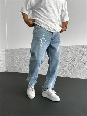 Blue men's straight-leg denim jeans with mid-waist design and zipper fly closure