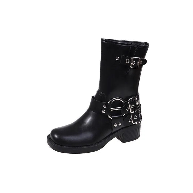 Women's black platform boots with belt buckle decoration at mid-calf length