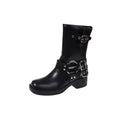 Women's black platform boots with belt buckle decoration at mid-calf length