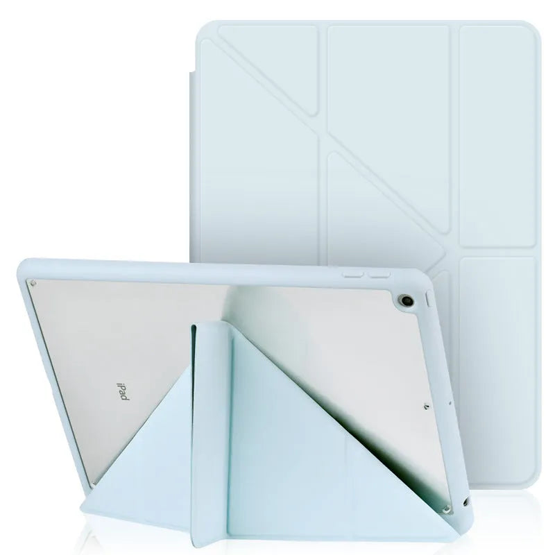 Dark gray Y folding imitation leather iPad case showing stand mode and built-in Apple Pencil slot.