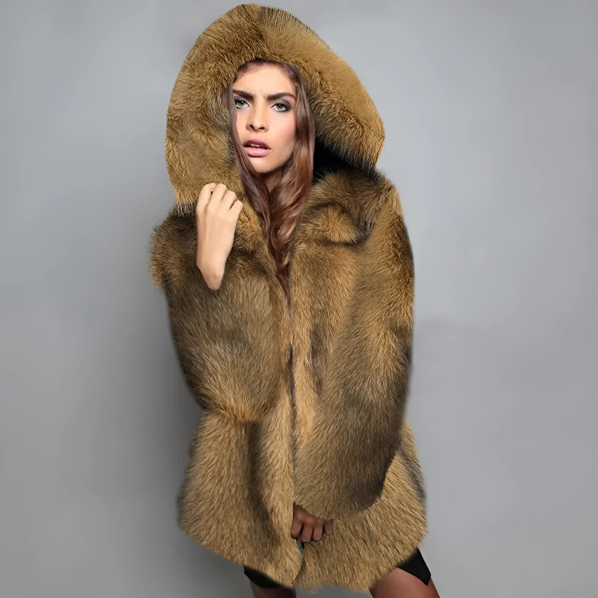 Silver grey artificial fur coat with 65cm length and loose fit on hanger