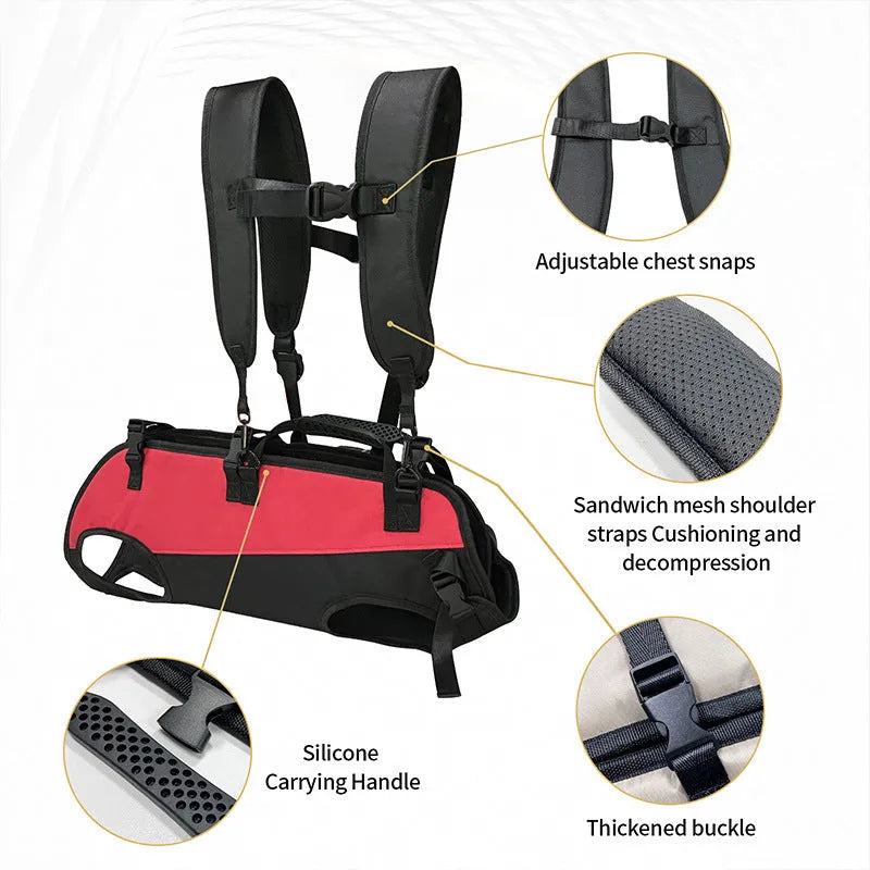 Multifunctional Oxford cloth pet backpack shown in black, designed for use as a backpack or an airborne walking stretcher.
