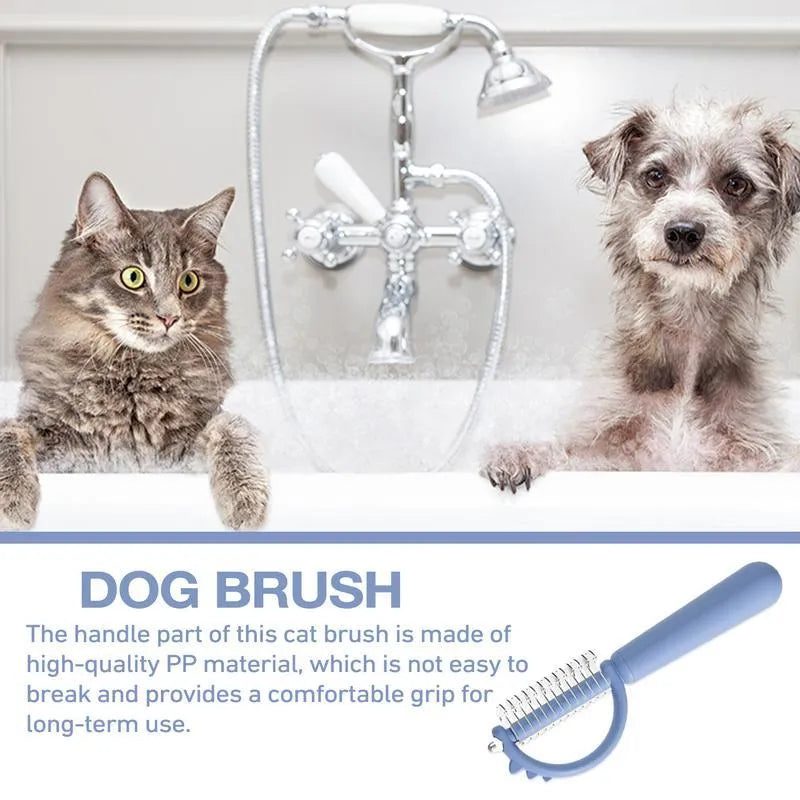 Blue dinosaur-shaped self-cleaning cat brush with double-sided stainless steel pins.