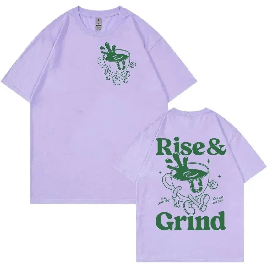 Loose fit linen cartoon T-shirt featuring a Rise and Grind Green Coffee Fun Expression Bag design.