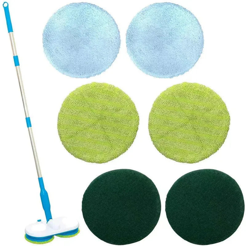 Handheld wireless electric floor mop with USB charging port and set of microfiber, scrubbing, and polishing pads.