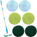 Handheld wireless electric floor mop with USB charging port and set of microfiber, scrubbing, and polishing pads.