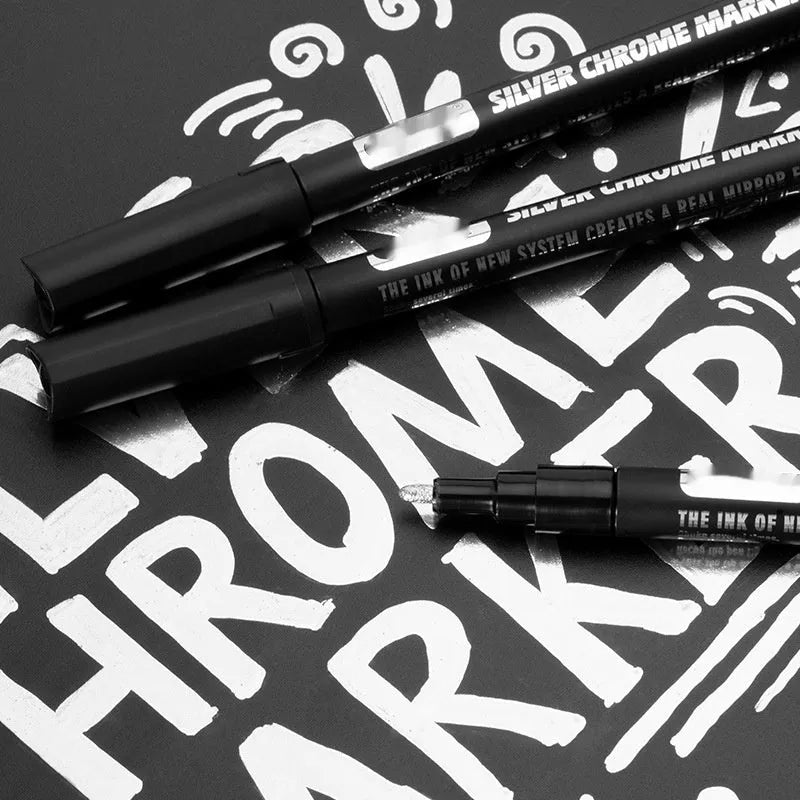 Waterproof mirror marker pen with plastic body, shown with 1mm and 2mm fine tip options.