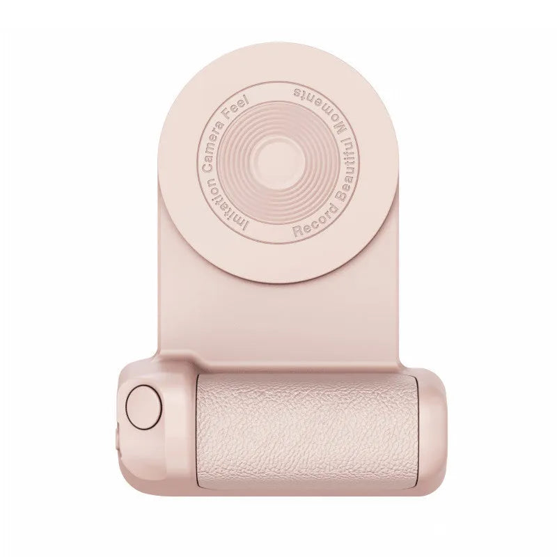 Black magnetic phone camera bracket with ergonomic PU leather handle on table