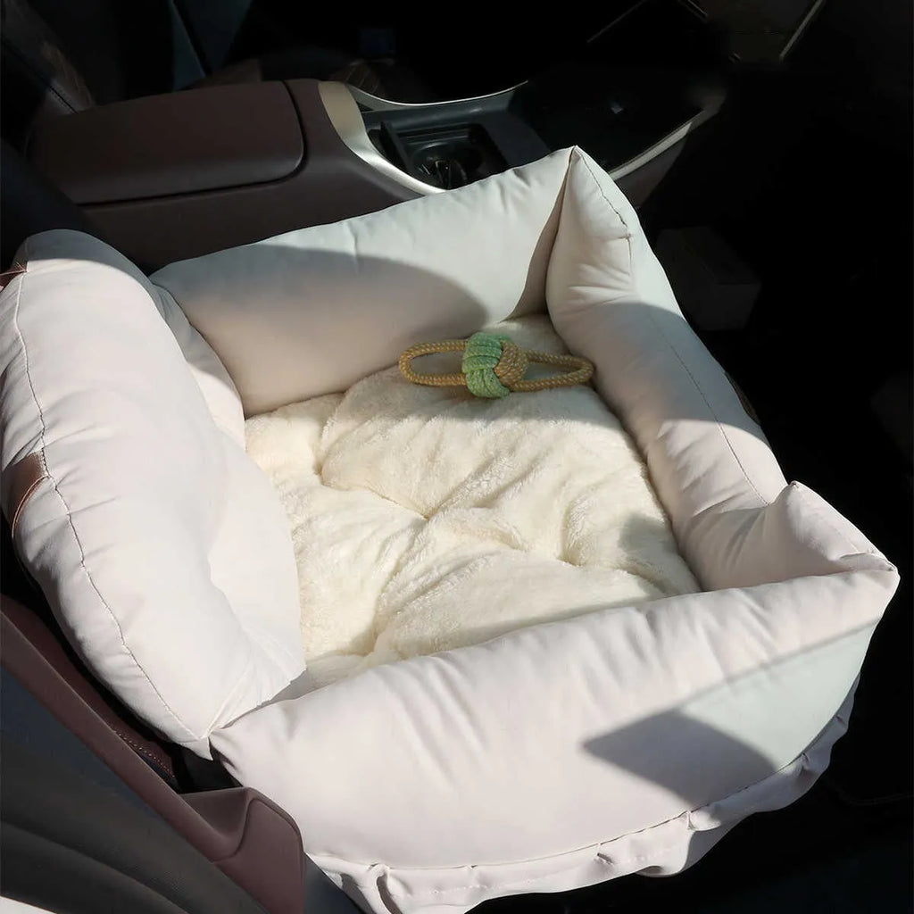 Milky white pet car nest with suede surface and PP cotton lining, 50x40x30cm, for small dogs and cats