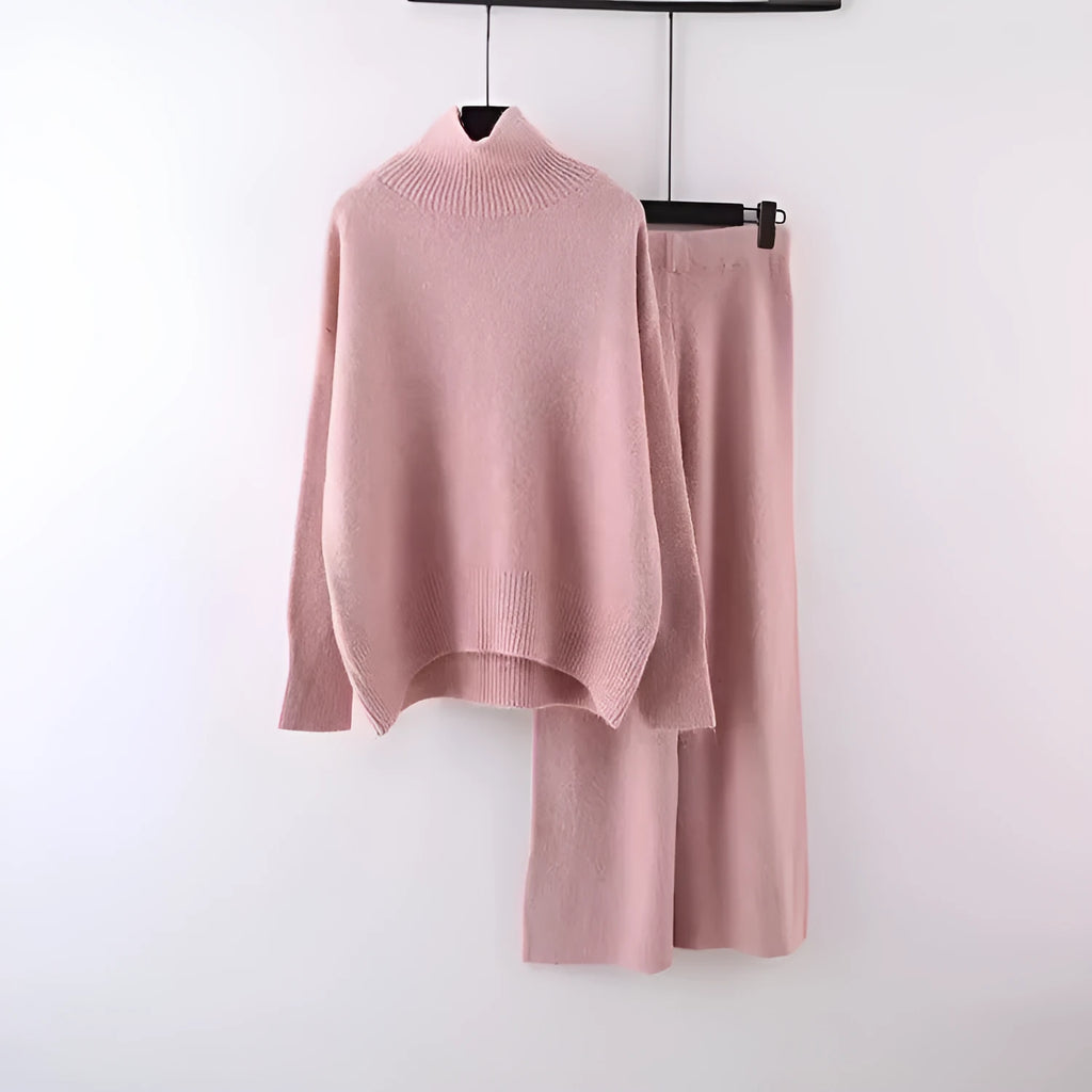 Women's milky white acrylic knit sweater and wide-leg trousers two-piece casual set.