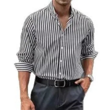 Men's loose-fit striped cardigan style button shirt in khaki, made from polyester fibre, with long sleeves