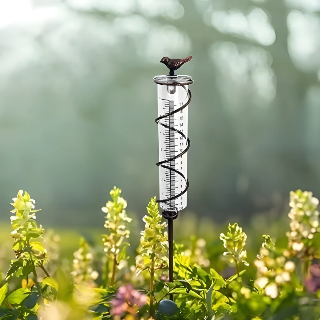 Cast iron hummingbird-shaped base holding glass rain measurement tube with 0-800ml scale