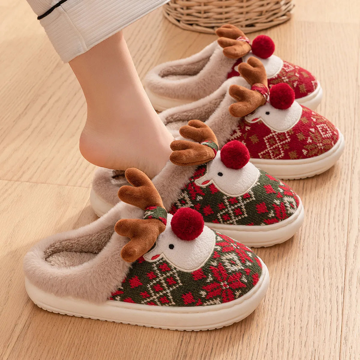 Cute Christmas elk plush slippers in Christmas Red with non-slip PVC sole, women winter house shoes