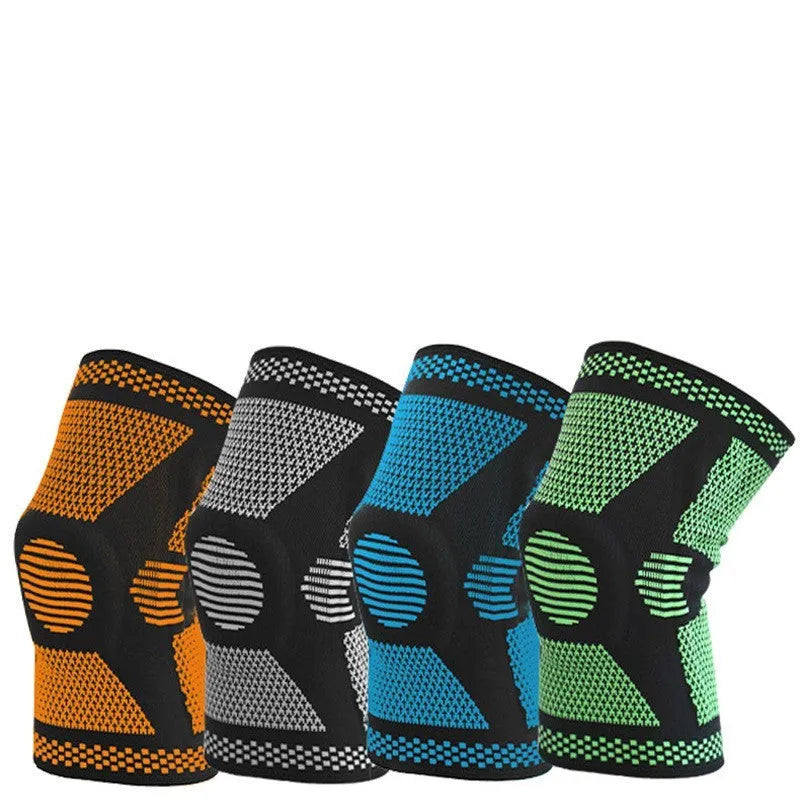 Silicone spring sports knee pad in polyamide, shown in blue, on a leg.