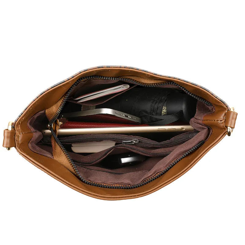 Retro soft PU messenger bag in brown with sewing thread detail and horizontal square shape