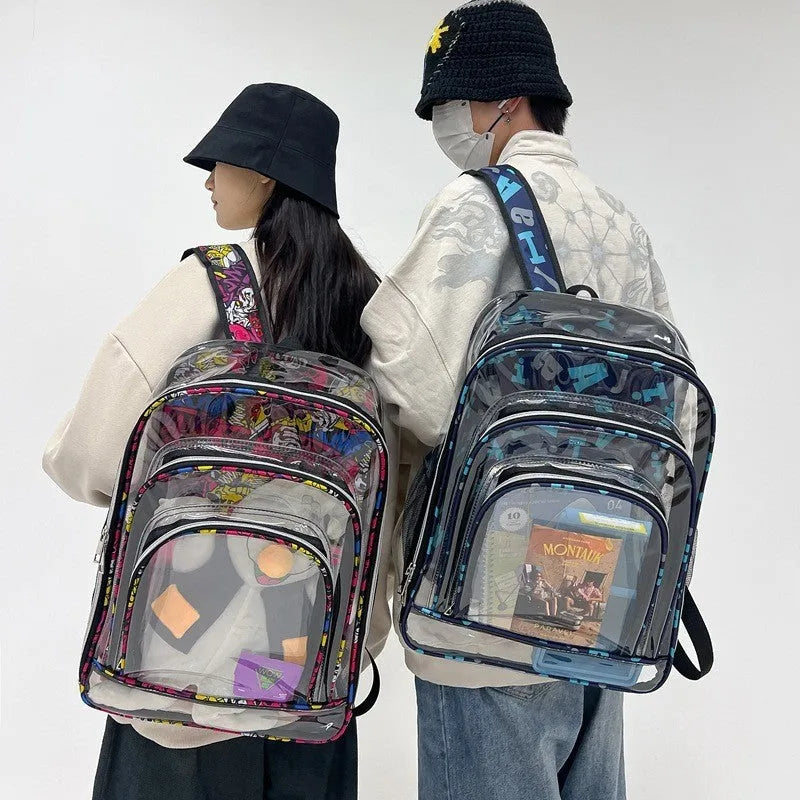 Clear PVC waterproof backpack with inner voile bag, shown in available colours.