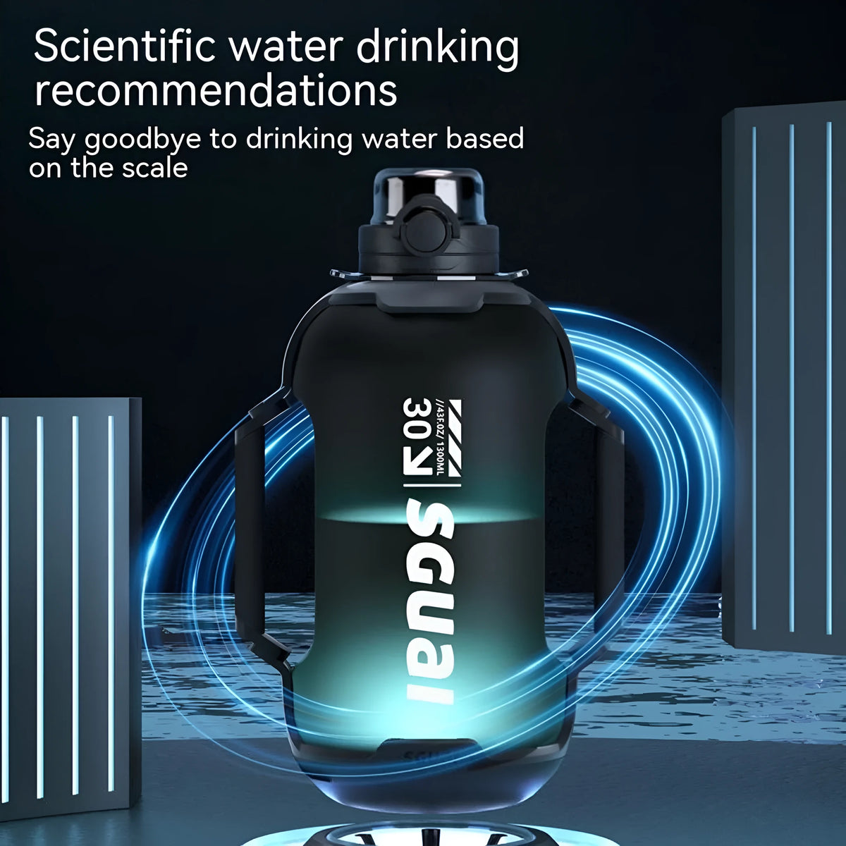Smart Sports Bottle T30 in Matte Black with 1300ml capacity, wireless charging coaster, and lifting rope on a gym background