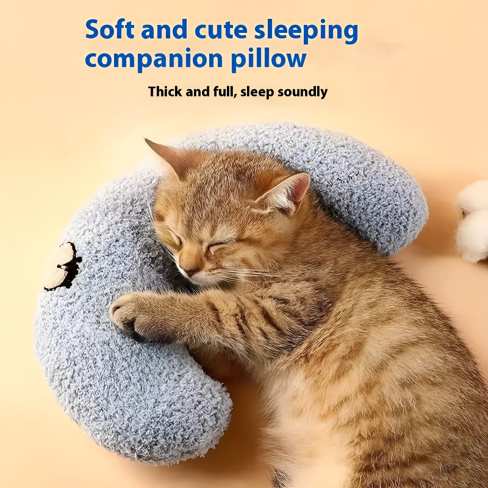 Blue U-shaped cat pillow showing neck support design for pet bedding