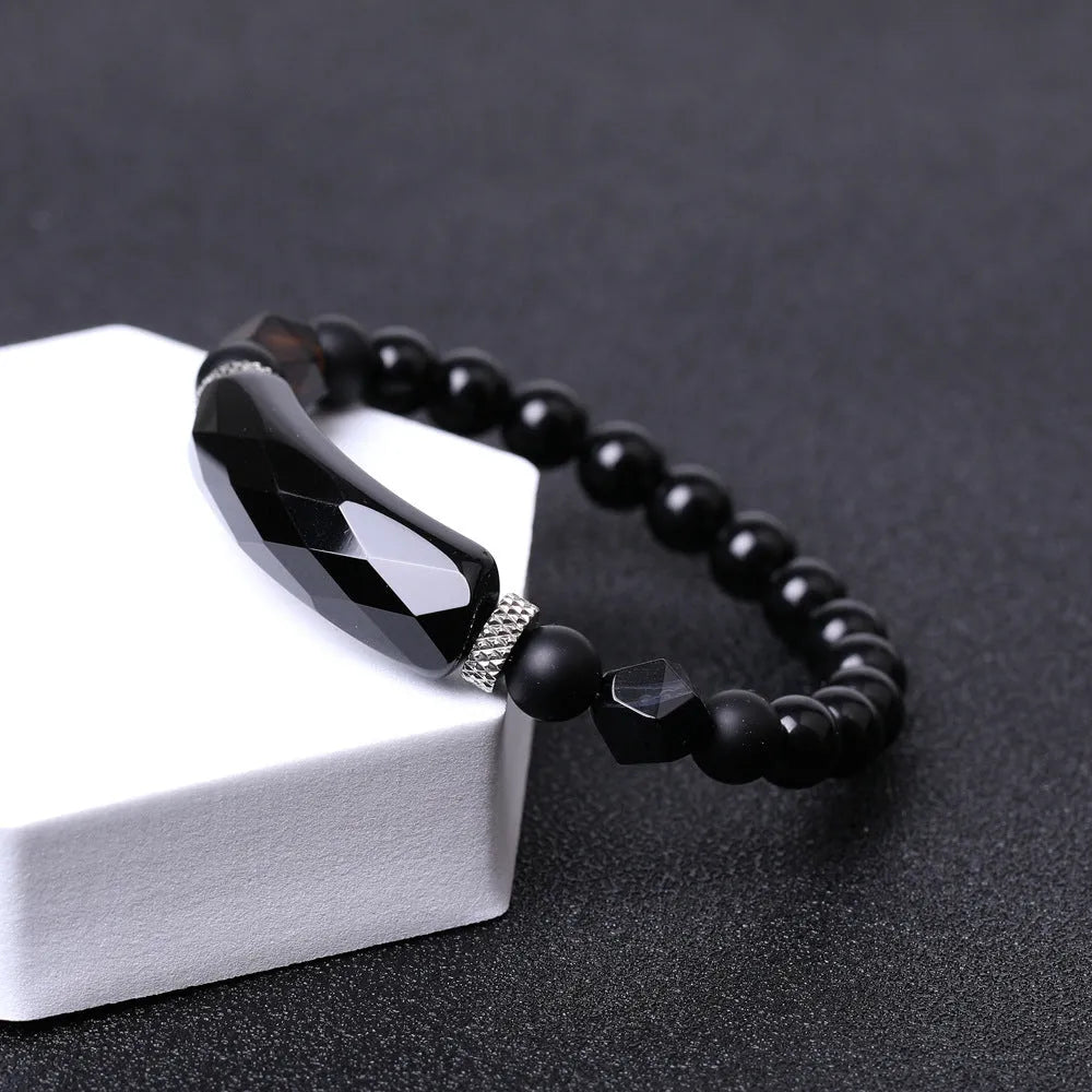 Handmade diamond-shaped cut agate geometric bracelet with fan design elements