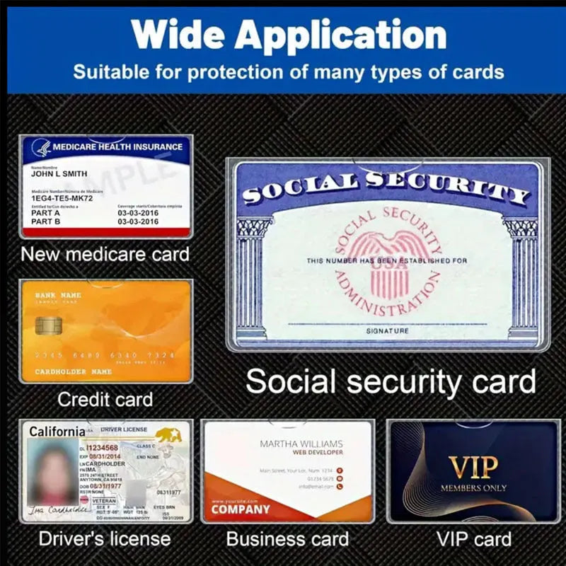 Transparent PVC card holder for social security and bus cards measuring 9.7 by 5.9 cm.