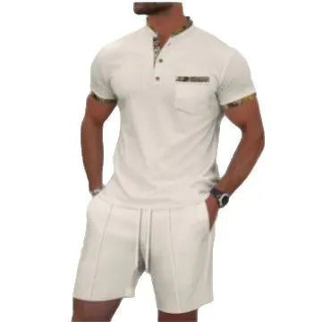 Men's grey waffle texture two-piece summer suit with zipper polo collar short sleeve top and matching shorts